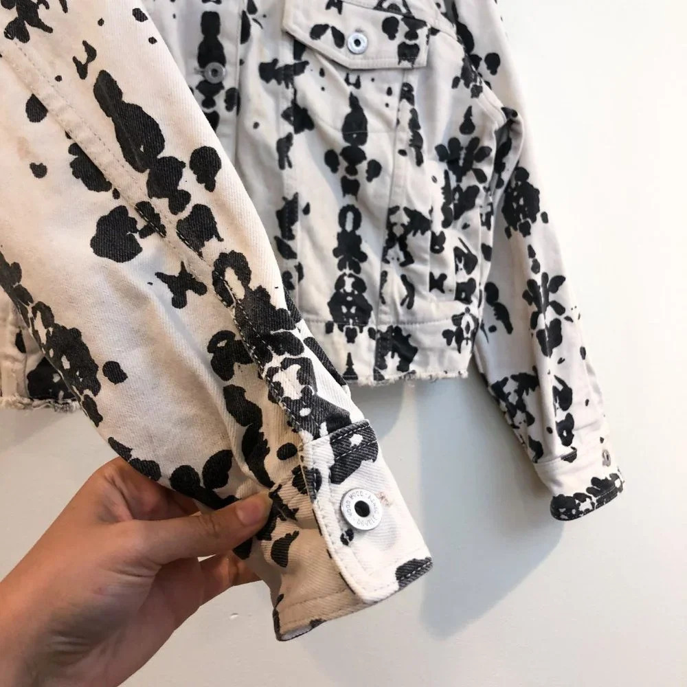 WOOD WOOD Black & White Splattered Canvas Jean Designer Denim Jacket S FLAWED - Picture 3 of 10